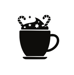 Black mug with festive drink and candy canes holiday