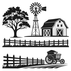 Rural farm scene with barn windmill tree fence and cart © RABBYMIA