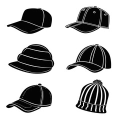Six black hat silhouettes baseball cap winter hat