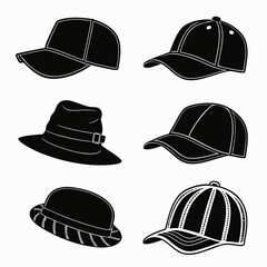 Six black hat silhouettes on white background baseball cap