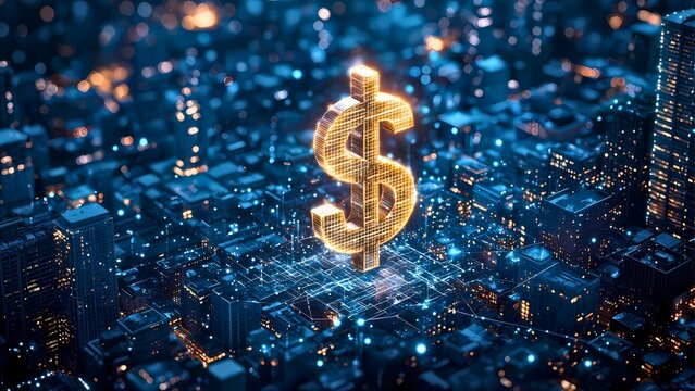 A sparkling golden dollar sign illuminated in the heart of a modern cityscape, representing financial growth and prosperity