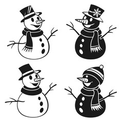Snowman illustrations with hats and scarves winter