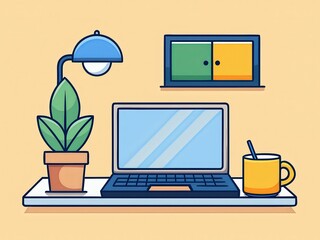 Minimalist Home Office Desk Setup with Laptop, Coffee Cup, and Potted Plant in Clean Vector Style, Modern 2020s Remote Work Lifestyle — Generative AI