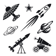 Space exploration objects rocket satellite planets telescope