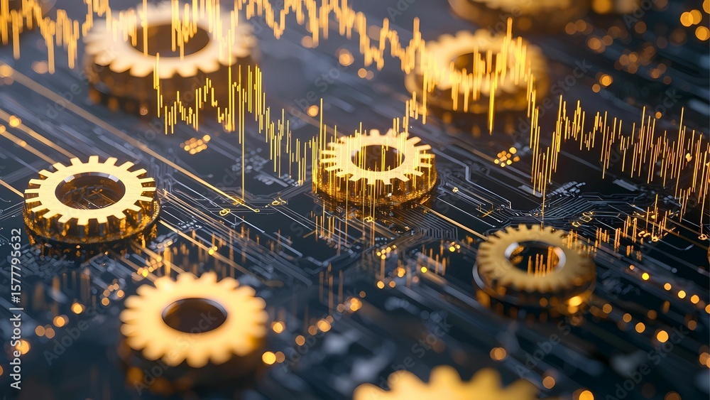 Poster abstract image showing circuit board with cogwheels and data waves. it represents technology, networ