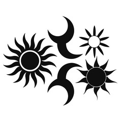 Stylized black sun and crescent moon icons celestial