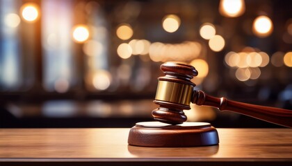wooden judge gavel on desk with blurred courtroom lights background