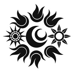 Stylized sun moon and flame emblems celestial