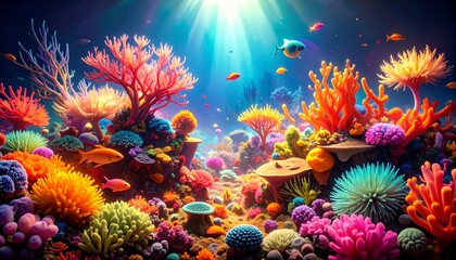 Fototapeta premium Vibrant underwater scene with colorful coral reefs teeming with fish, illuminated by sun rays piercing through the water.