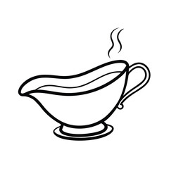 Handdrawn gravy boat with steam rising from the sauce on a vector