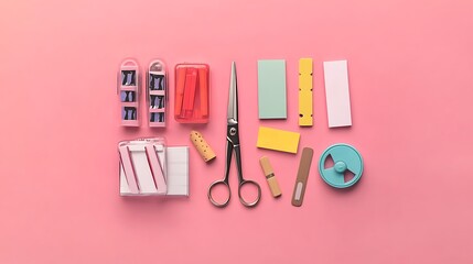 A mix of school stationery items including scissors, an eraser, sharpener, and sticky notes, artfully arranged on a solid pink background, creating a playful aesthetic.