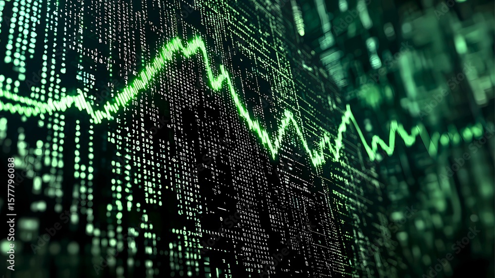 Poster a dynamic data visualization of fluctuating market trends. the scene features a line graph against a