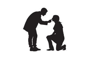 Silhouette of a doctor examining a patient the patient is kneeling the doctor is touching the patient s nose isolated on a white background