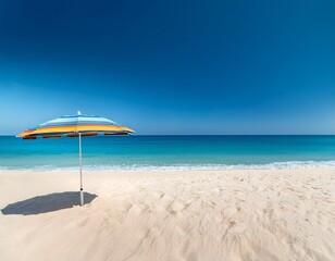 Fototapeta premium serene beach with fine sand single beach umbrella and endless blue ocean under clear skies