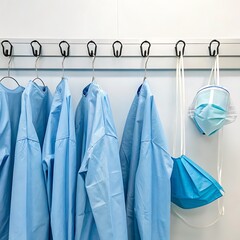 A row of sterilized surgical gowns and masks hanging in a preparation room