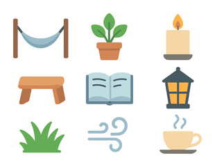 Backyard Meditation Icons. Flat icon set of backyard meditation: hammock, potted plant, candle, meditation