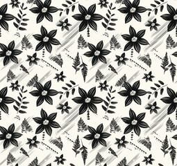 Seamless Black Floral Pattern On A White Background, Featuring Stylized Flowers And Leaves, Perfect For Textiles Or Digital Designs.