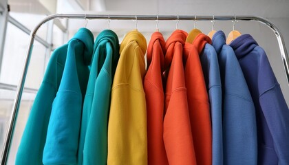 row of colorful hoodies hanging on metal clothing rack indoors