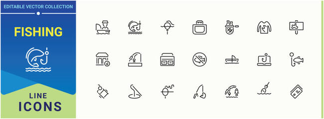 Fishing line icon. Included leisure, activity, outdoor, hobby, fisher and more. Minimalist icons collection. Fish icon set. Editable vector illustration.