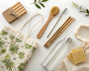 Eco friendly lifestyle flat lay with reusable items high resolution photo