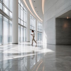 A person walks through a sleek, futuristic office space.
