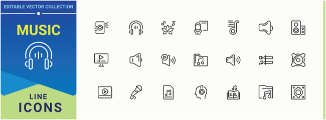 Music icon set. Includes symbols for audio, musical, dj, media and more. Music And Audio icon set in linear style. Minimalist linear icons. Pixel perfect. Editable vector.