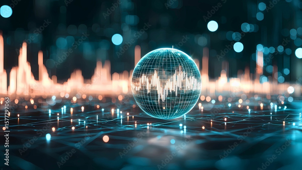 Poster abstract glowing sphere of data against the backdrop of technology and science. the sphere is filled