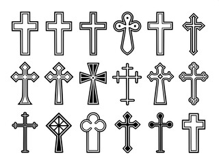 A flat 2D icon sheet of simplified Christian crosses. Each cross is stripped down to its most essential form—some boxy, some with curved arms, others with pointed tips—uniformly arranged on a stark wh