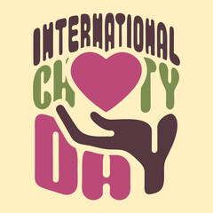 International Charity Day Graphic with Heart and Hand Illustration on Beige Background