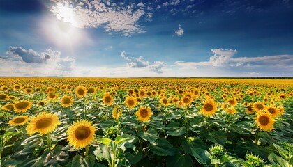 sunflower field blooms under a bright sun on a summer day in bela sunflowers field in summer bright sunny and windy day in belarus