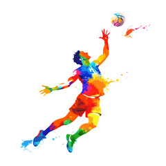 Obraz premium Colorful Handball Player Vector – Watercolor Sportsman Jumping with Ball in Hand – Abstract Athletic Figure Illustration for Sports Design