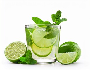 lime and mint lemonade in a glass isolated on a white background