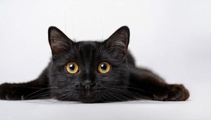 a black cat lying down looking at the camera against a white background