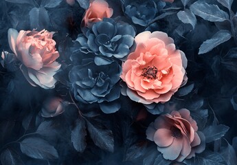 Vintage bouquet of beautiful pale peonies on black. Floristic decoration. Floral background. Baroque old fashiones style image. Natural flowers pattern wallpaper or greeting card