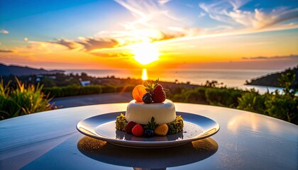 A delicious dessert sits on a table with a stunning sunset view.