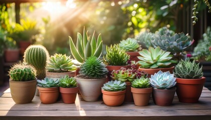 numerous potted plants neatly arranged on a wooden table creating a vibrant indoor garden display succulent plants echeveria sedum senecio and cactus cereus in flower pots in sunny garden