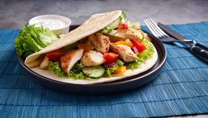 pita salad with roasted chicken and vegetables served with a de
