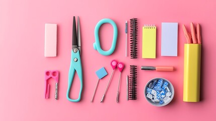 A mix of school stationery items including scissors, an eraser, sharpener, and sticky notes, artfully arranged on a solid pink background, creating a playful aesthetic.