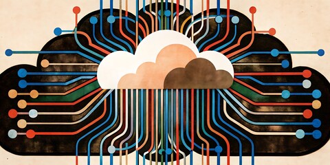 An abstract illustration of a cloud computing network with colorful data streams connecting to a central cloud.