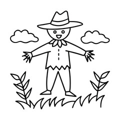 Handdrawn Scarecrow with Hat Clouds Grass in Outline on vector