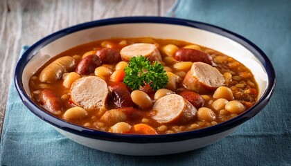 a traditional french one pot dish with beans chicken and white sausage cassoulet