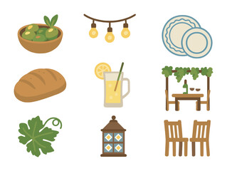 Mediterranean Garden Icons. Flat icon set of Mediterranean garden parties: olive bowl, string lights, ceramic