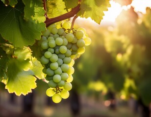 delicate green grape clusters glistening in the sunlight among lush vineyard leaves