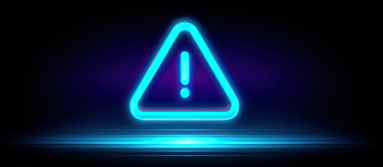 Neon blue glowing warning sign with exclamation mark in triangle shape on dark background, symbolizing alert and caution with futuristic light effect