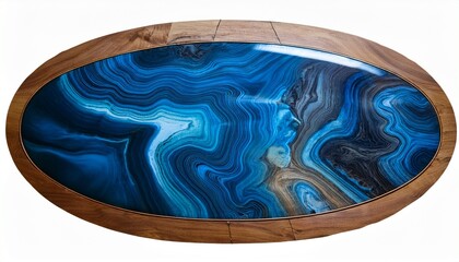 wooden and blue resin river style oval coffee table