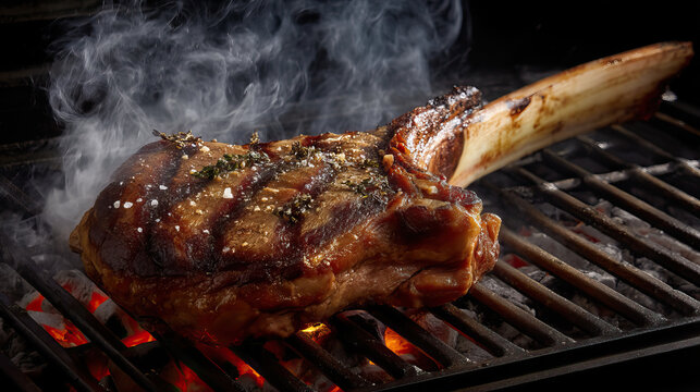 Grilled tomahawk steak with seasoning cooking on barbecue grill with smoke and glowing charcoal, showing juicy texture and char marks in rustic setting - Powered by Adobe