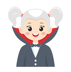 Cute cartoon vampire girl with grey hair and red cape halloween costume