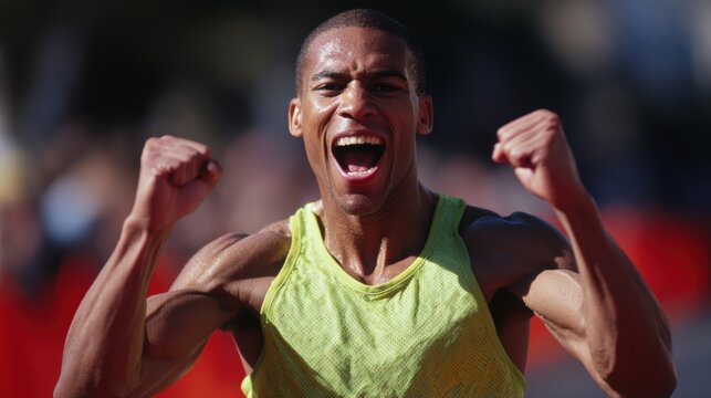 Runner crossing finish line at marathon race with triumphant expression