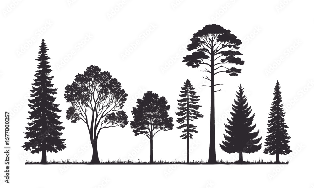 Poster minimalist vector illustration featuring a series of black tree silhouettes on a plain white backgro