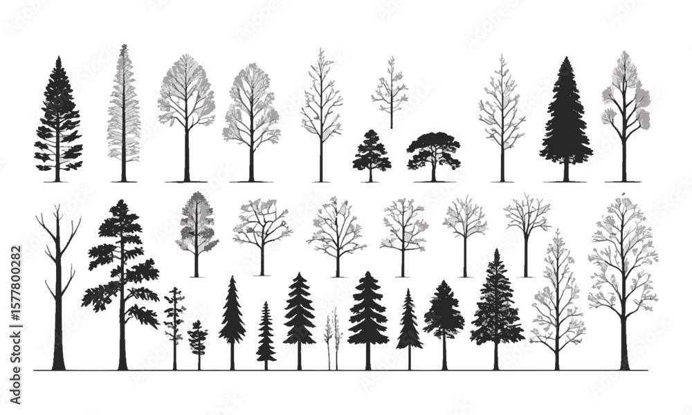Poster minimalist vector illustration featuring a series of black tree silhouettes on a plain white backgro